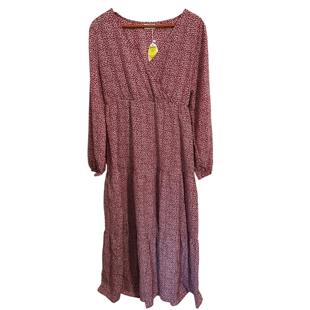 Coolmee Long-Sleeved V-Neck‎ Maxi Dress Red White Tie Back Women's Size XL NWT